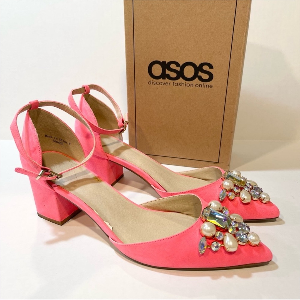 ASOS Bright Pink Sparkle Pointed Heels, Rhinestone Crystal Pearl, UK 8 (US 10)